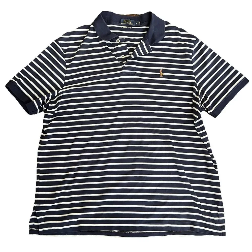 Polo‎ Ralph Lauren Shirt Mens L Pima Soft Touch Blue Striped Short Sleeve